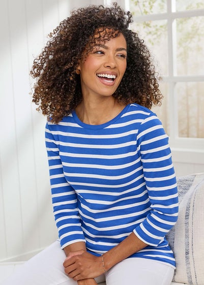 Cotton Traders Indigo Wrinkle Free Stripe Boat Neck Top