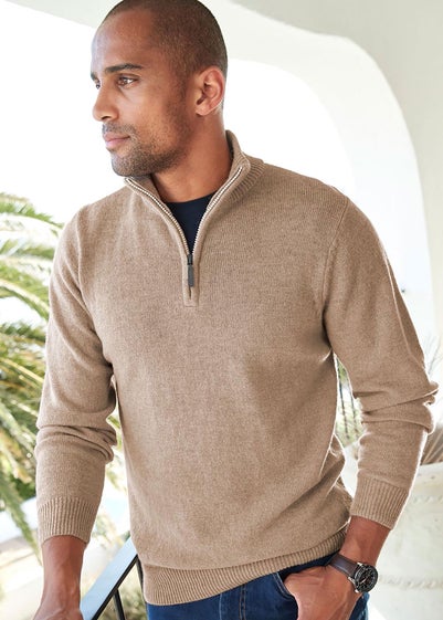 Cotton Traders Latte Half-Zip Lambswool Rich Jumper