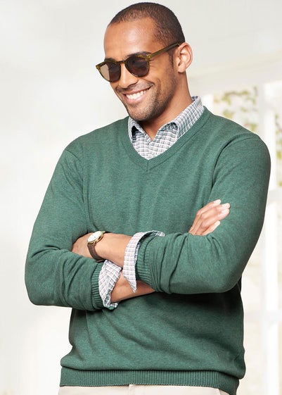 Cotton Traders Dark Green Cotton V-Neck Jumper