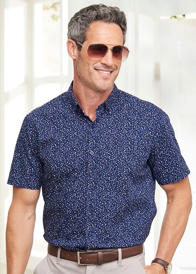 Cotton Traders Dark Blue Short Sleeve Supreme Easy-Care Print Shirt