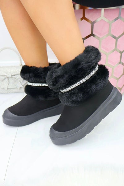 Love Lemonade Black Crystal Embellished Faux Fur Trim Boots