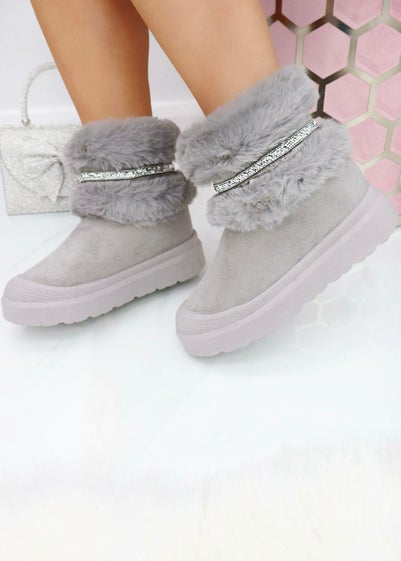 Love Lemonade Grey Crystal Embellished Faux Fur Trim Boots