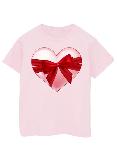 Brands In Valentine's Day Ribbon Wrapped Heart Kids Pink T-Shirt (3-13 Years)