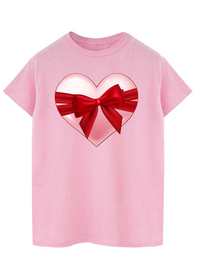 Brands In Valentine's Day Ribbon Wrapped Heart Adult Pink Boyfriend Fit T-Shirt