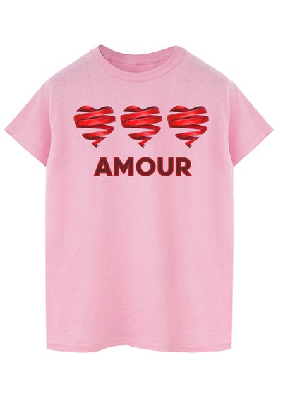 Brands In Valentine's Day Triple Ribbon Hearts Amour Adult Pink Boyfriend Fit T-Shirt