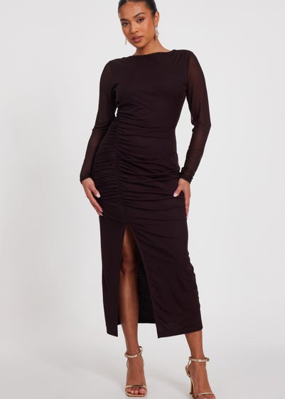 Quiz Brown Petite Mesh Long Sleeve Midaxi Dress