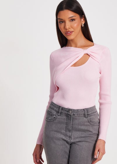 Quiz Pink Knitted Bow Detail Top