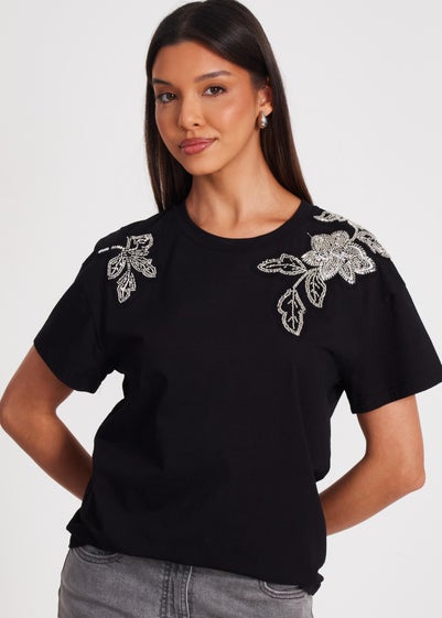 Quiz Black Floral Applique T-Shirt