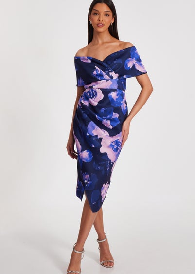 Quiz Navy Floral Bardot Midi Dress