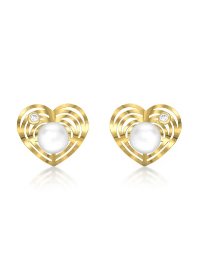 Golden Moments 9ct Yellow Gold Freshwater Pearl and CZ Heart Stud Earrings
