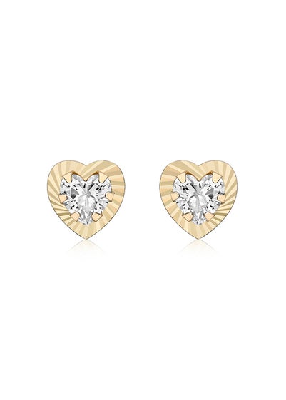 Golden Moments 9ct Yellow Gold CZ Diamond Cut Heart Stud Earrings