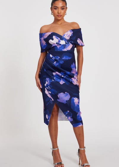 Quiz Navy Petite Floral Bardot Midi Dress