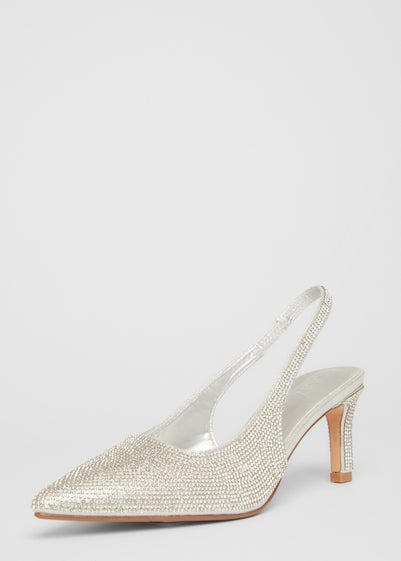 Quiz Silver Diamante Sling Back Heels