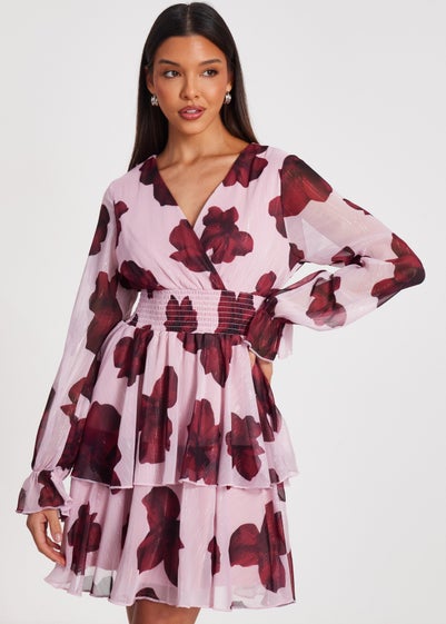 Quiz Pink Floral Tiered Skater Dress
