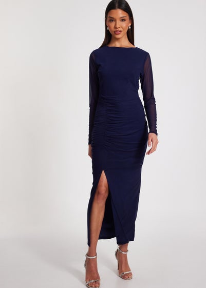 Quiz Navy Mesh Long Sleeve Midaxi Dress