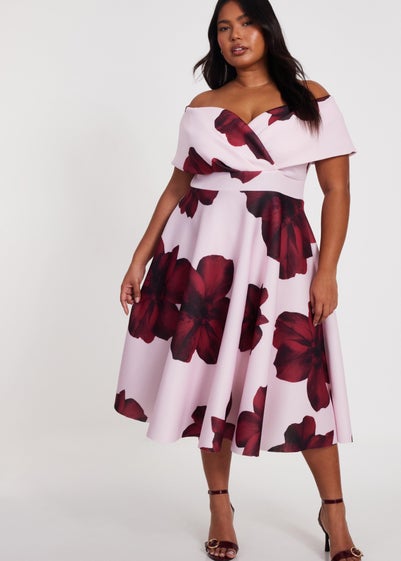 Quiz Pink Curve Floral Skater Dress