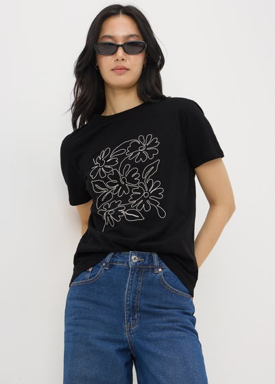 Black Floral Embroidered T-Shirt