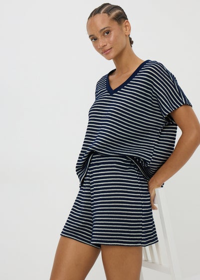 Navy Stripe Textured Co Ord Shorts