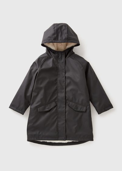 Girls Black Matte Fur Lined Mac (7-15yrs)