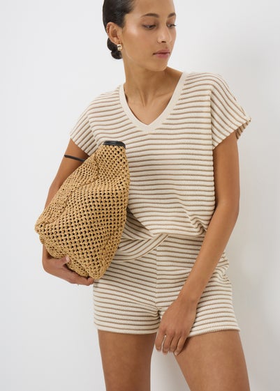 Beige Stripe Textured V Neck Co Ord Top