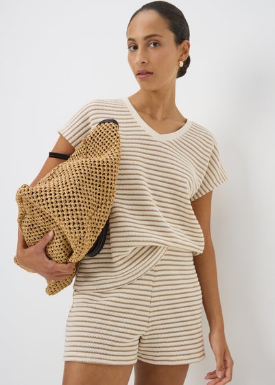 Beige Stripe Textured Co Ord Shorts