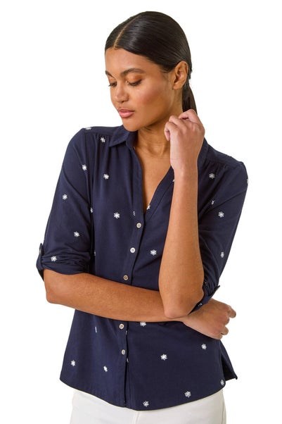 Roman Navy Embroidered V-Neck Cotton Shirt