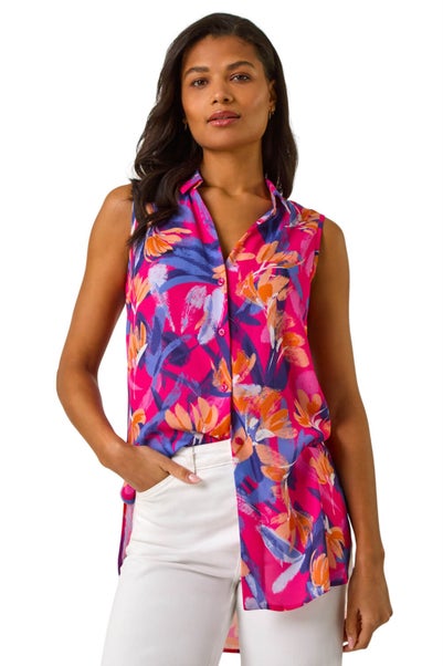 Roman Pink Floral Print Sleeveless Blouse