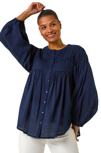 Roman Navy Pleat Detail Button Through Blouse