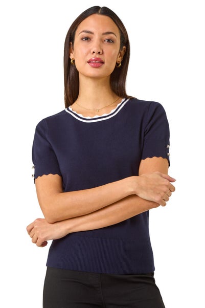 Roman Navy Scallop Edge Knit T-Shirt