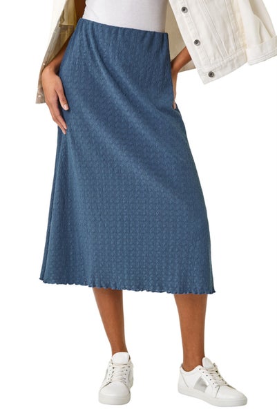 Roman Blue Textured Fluted Hem Midi Skirt