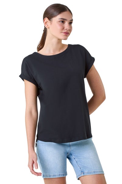 Roman Black Plain Stretch Cotton Jersey T-Shirt