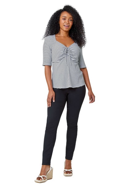 Roman Black Petite Stripe Ruched V-Neck Stretch Top