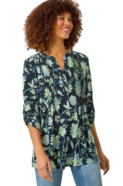 Roman Lime Floral Print Pintuck Shirt