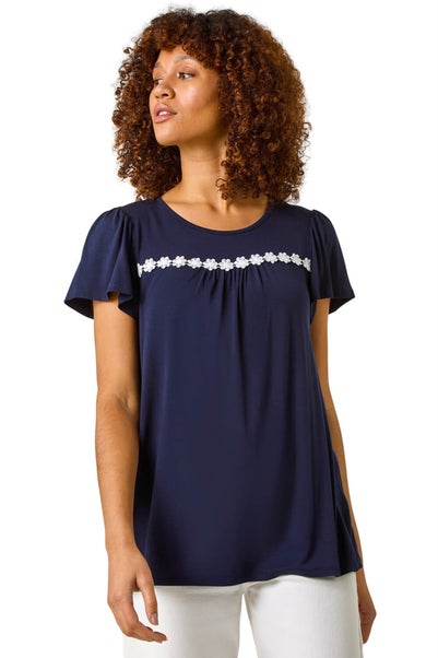 Roman Navy Daisy Applique Stretch Top