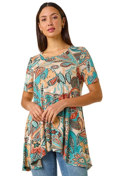 Roman Blue Floral Print Hanky Hem Tunic Top