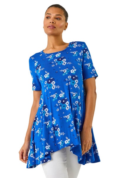 Roman Blue Floral Print Hanky Hem Tunic Top