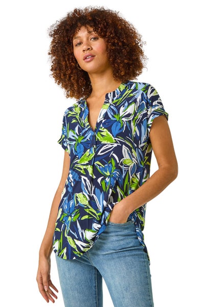 Roman Blue Textured Leaf Print V-Neck Stretch Top