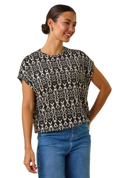 Roman Black Geometric Ikat Print Bubble Hem Top