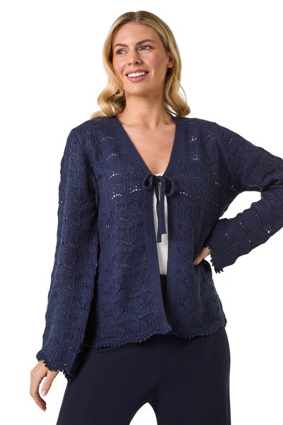 Roman Navy Petite Plain Knitted Tie Cardigan