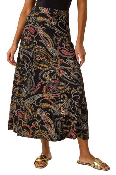 Roman Black Modern Paisley Print Midi Stretch Skirt