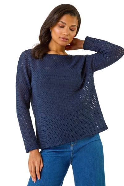 Roman Navy Crochet Cotton Jersey Top