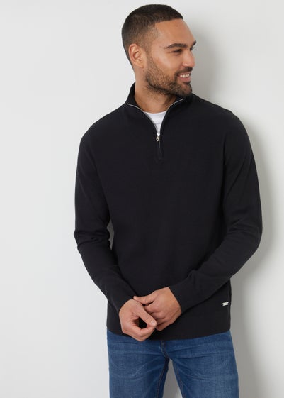 Threadbare Black Basket Stitch Mock T-Shirt Quarter Zip Jumper