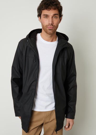 Threadbare Black Microfleece Lined Hooded Rubberised Raincoat