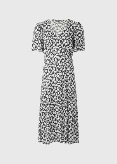 Black Ditsy Floral V Neck Midi Dress