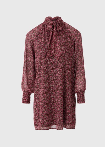 Pink Ditsy Tie Neck Mini Dress