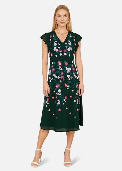 Yumi Green All Over Floral Embroidery Midi Skater Dress