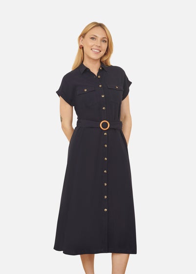 Yumi Navy Viscose Linen Look Midi Shirt Dress With Wooden Belt