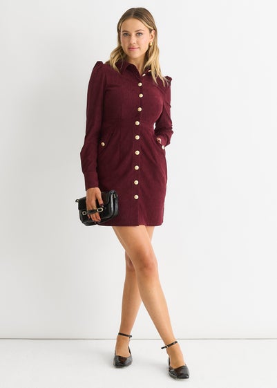 Gini London Burgundy  Corduroy Mini Shirt Dress