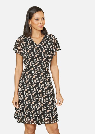 Yumi Black Leaf Print Mesh Stretch Skater Dress