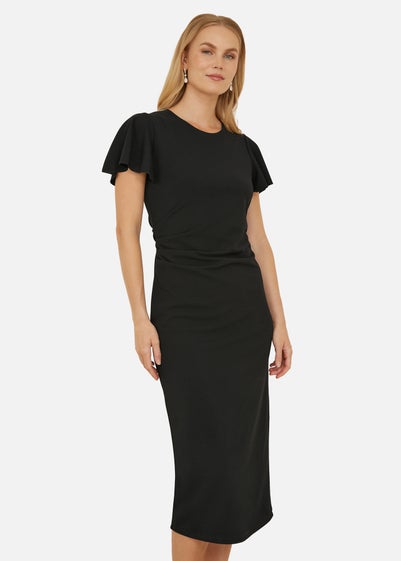 Yumi Black Ruched Waist Stretch Midi Dress